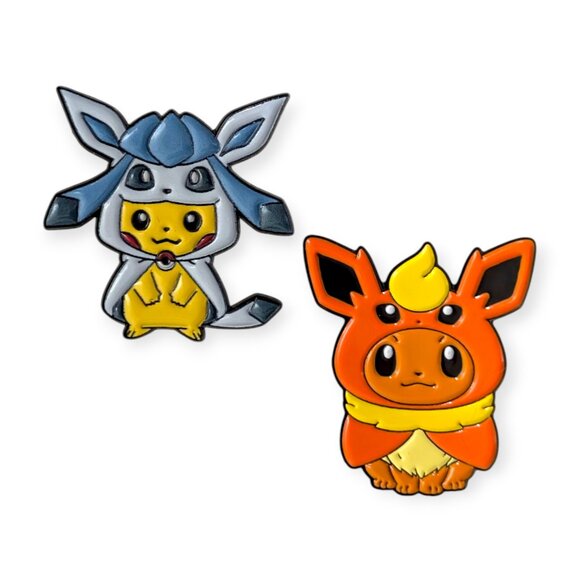 Pokemon Enamel Fantasy Pins: Pikachu and Eevee in Glaceon and Flareon Poncho